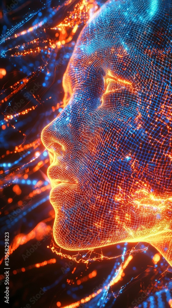 Poster dynamic futuristic face with flowing mesh elements.