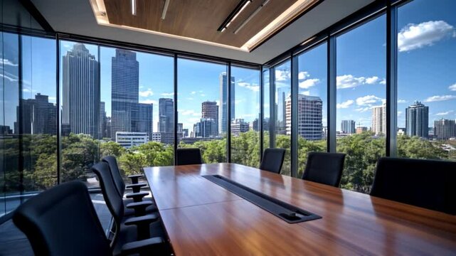 modern meeting room with large windows and views of tall buildings against a clear blue sky