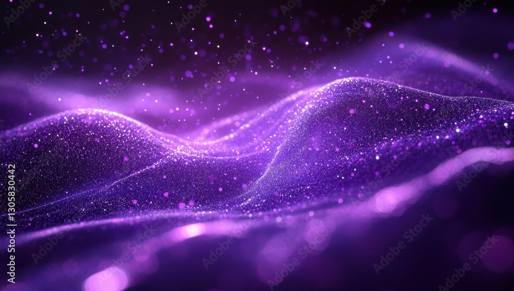 Poster ethereal waves of purple glittering particles creating a mystical and dreamlike atmosphere in a soft