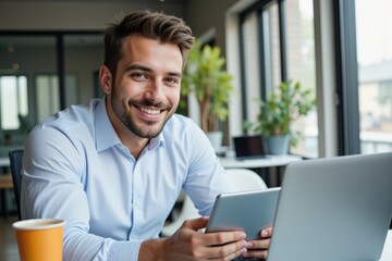 Fototapeta premium Smiling Young Caucasian Man in Light Blue Shirt Working on Tablet and Laptop in Modern Office Setting with Green Plants and Bright Windows