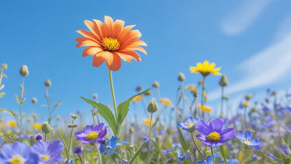 Vibrant Orange Flower Blooming in a Colorful Spring Meadow. Generative AI	