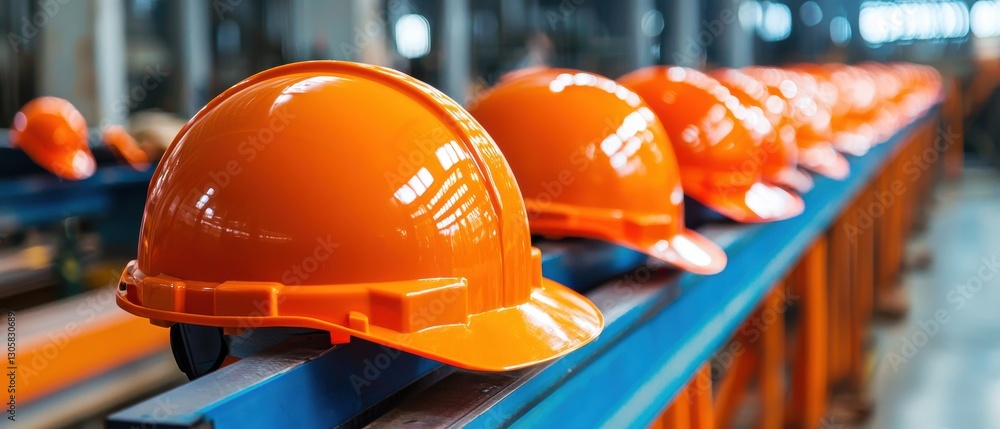 Poster a row of orange safety helmets are lined up on a metal shelf