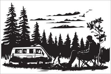 Obraz premium Vintage Outdoor Camping Artwork – Man Relaxing by Fire with Horses in Pine Woods