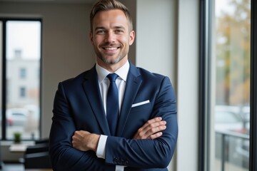 Fototapeta premium Confident Young Caucasian Male Professional in a Dark Suit and Tie Smiling Broadly while Standing in a Modern Office Space with Large Windows and Natural Light