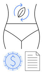 Outline of a female torso with arrows, leaf accent for health, dollar coin, and paper document. Ideal for wellness, fitness, financial planning, beauty, self-care spa services medical procedures