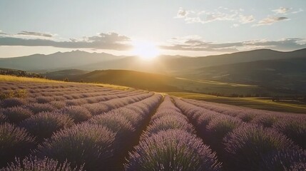 Sunset Lavender Field, Hilly Landscape, Provence