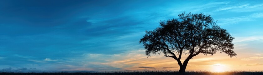 Obraz premium A tree is silhouetted against a blue sky with a sun setting in the background
