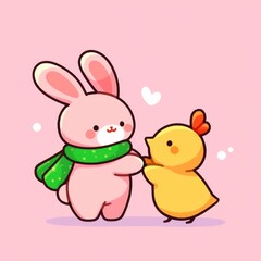 Cute Rabbit & Chick Friendship Scene