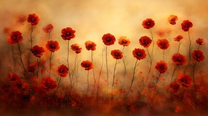 Fototapeta premium Autumnal Red Cosmos Flowers Field Artistic Painting