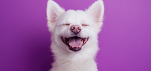 Happy smiling white dog with closed eyes on a vibrant purple background, capturing a joyful moment of pet happiness and playfulness in an adorable portrait.