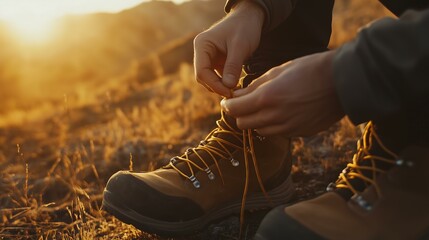 A close-up of hands tying shoelaces on hiking boots during a golden hour sunset.