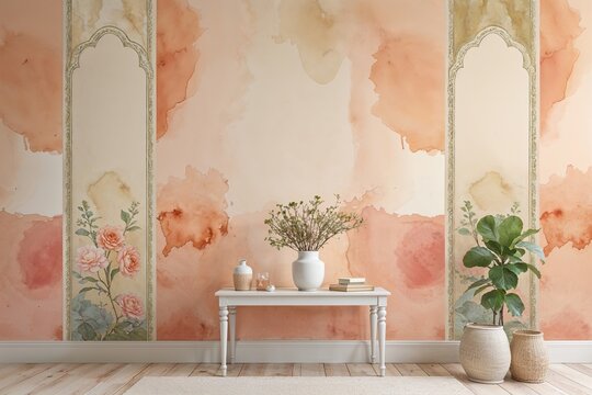 Serene Beige Watercolor Peach Wallpaper with Elegant Borders and Soft Sentimental Hues