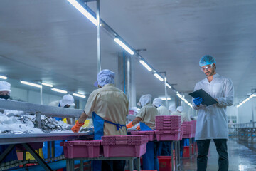 Workers in a food processing plant wearing protective gear, sorting fish on a conveyor belt into...