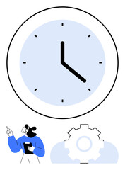 Large clock symbolizes time. Gear represents work process. Woman with headset emphasizes planning. Ideal for productivity, business strategies, planning, time tracking, team collaboration