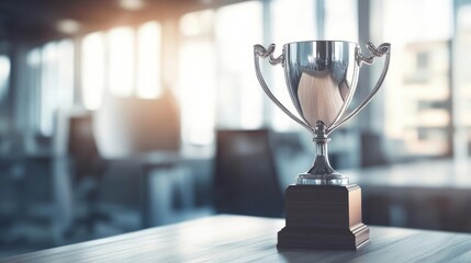 Inspirational Business Triumph Celebrated with a Gleaming Silver Trophy Amidst a Joyful Team in a Contemporary Office Setting Recognizing Success