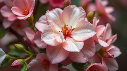 Naklejka premium Close-up of delicate pink flowers in color on a soft focal background 