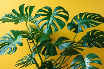 Fototapeta premium Lush Monstera Leaf on Bright Yellow Background