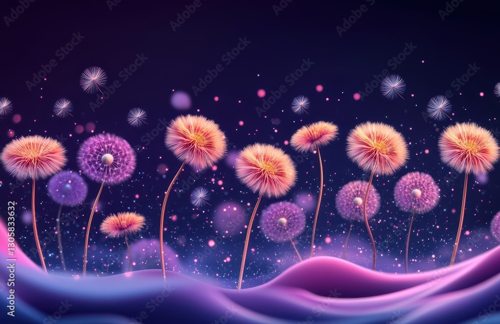 Poster magical dandelion field with ethereal glow and soft bokeh effect at night in vibrant color palette o