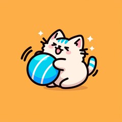 Cute Cat Plays with Ball, Orange Background