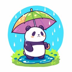 Cute Panda in Rain, Puddle, Umbrella