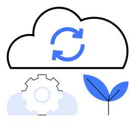 Cloud with sync arrows, gear, and plant leaf illustrating technology, data synchronization, automation, ecosystem, innovation, growth and green energy. Ideal for tech sustainability themes flat
