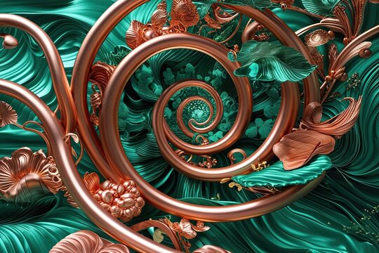 Elegant 3D Emerald Shades Copper Swirl Backdrop Inspired by Nature