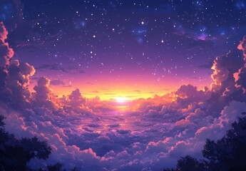 Naklejka premium Majestic Sunset Over Tranquil Clouds Reflecting Vibrant Colors in a Dreamy Night Sky Filled with Twinkling Stars and Soft Glowing Light