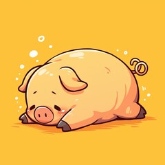 Cute Pig Lying Down, Yellow Background
