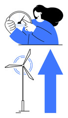 Woman grips steering wheel, wind turbine spins, blue arrow points upward. Ideal for sustainability, renewable energy, leadership, growth, innovation eco-focus progress themes. Flat simple metaphor