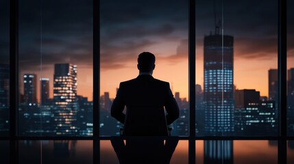 Business executive contemplating city skyline at dusk