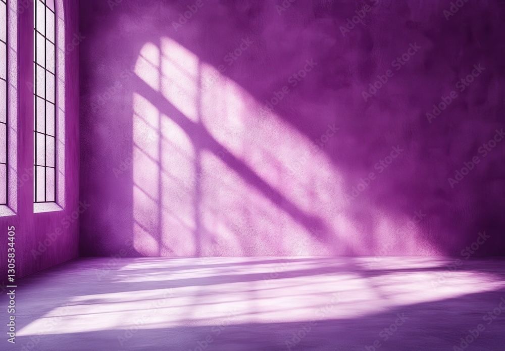 Poster minimalist interior scene with purple walls and window shadows creating a calm and serene ambiance f