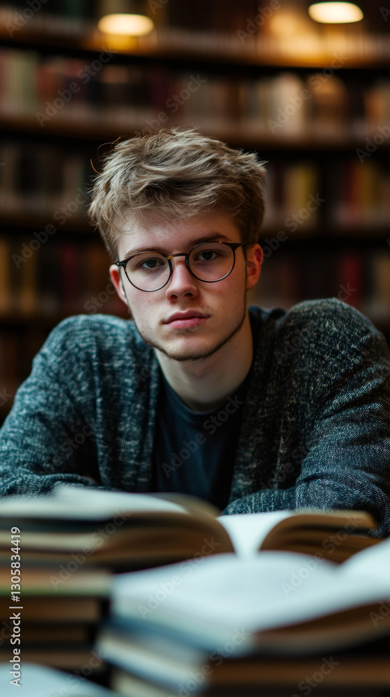 Poster portrait of a focused student surrounded by a pile of books in a library, learning and preparing for