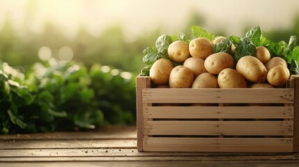 Freshly harvested potatoes in a wooden crate
