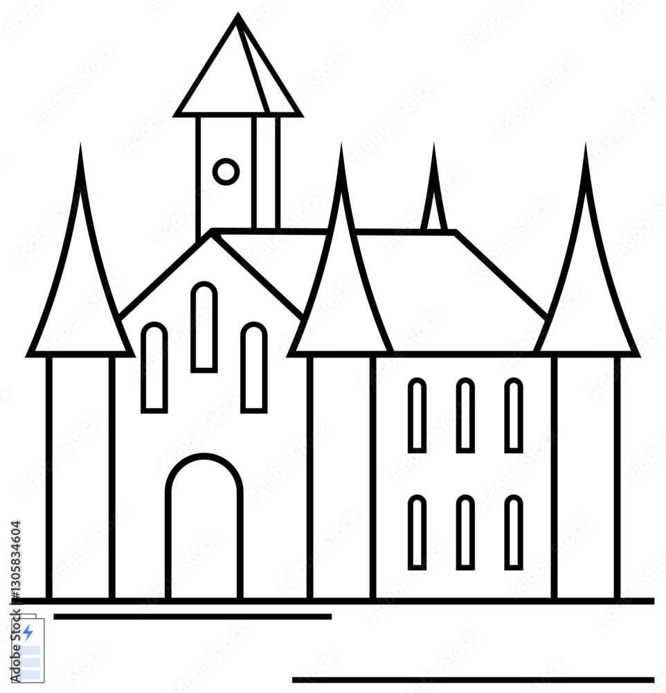 Poster gothic architectural structure with sharp spires, pointed arches, detailed windows, symmetrical desi