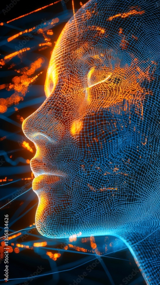 Poster side face with neon grids and intricately lit patterns.