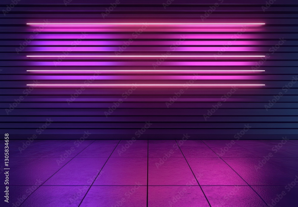Poster modern abstract background with neon lights on horizontal lines and dark wall for creative and artis