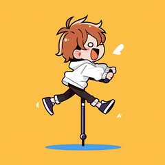 Boy Jumping on Stilts, Cute Cartoon