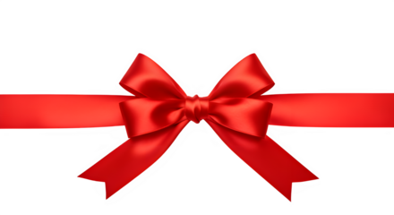 Png transparent background, A red ribbon bow sits centered on a plain white background