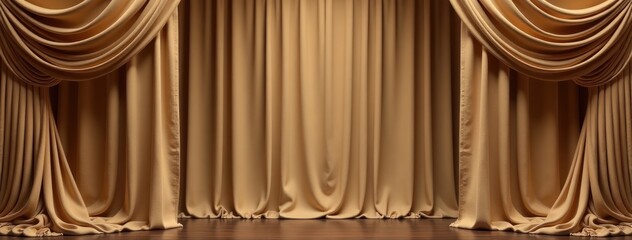 Obraz premium Lustrous Beige Luxury Curtains Elegant Stage Drape. Ideal for formal event designs, elegant theater presentations, luxury product showcases