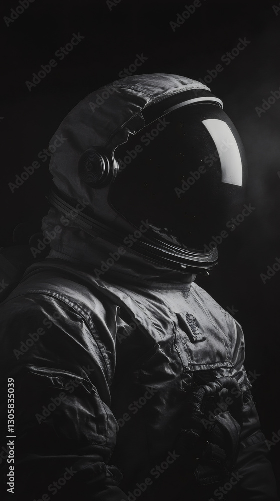 Aufkleber astronaut wearing spacesuit and helmet posing in a dark environment, black and white image