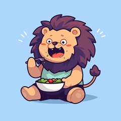 Cute Lion Eating Salad Cartoon