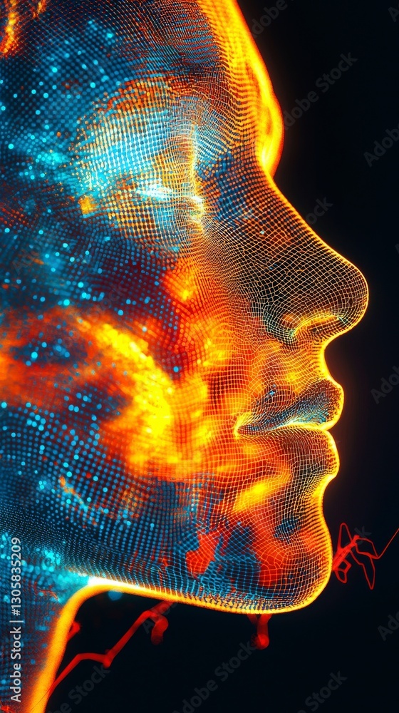 Poster profile view of illuminated face with mesh overlay art