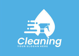 Cleaning service design with spray bottle and water drops isolated on blue background