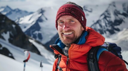 Majestic European Mountain Range with Scenic Snow-Capped Peaks and Smiling Hiker