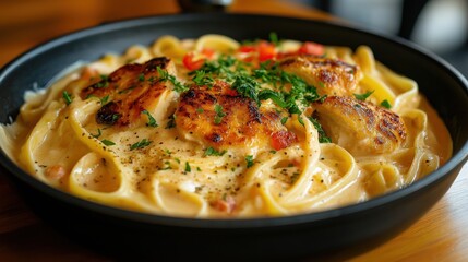 Creamy pasta with grilled chicken breast and herbs in bowl