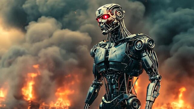 A metallic robot with glowing red eyes standing in a fiery, smoky apocalyptic landscape.
