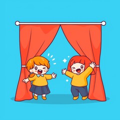 Kids Behind Red Curtains