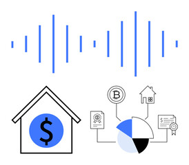 Dollar sign in house, connected pie chart, blockchain coin, and process documents. Ideal for finance, investments, blockchain, real estate data mortgage analytics. Flat simple metaphor