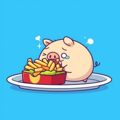 Pig Eats Fries, Blue Background