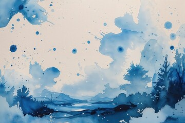 Obraz premium Charming Blue Watercolor Landscape with Delicate Fringe Highlights and Drifting Splotches on Textured Craft Paper